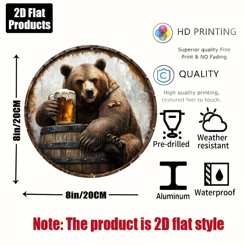 2D Flat, 1pc Vintage Beer-drinking Bear Metal Wall Decor - Rustic Pub Decoration with Barrel, Aluminum Bar Cafe Sign for Home, O