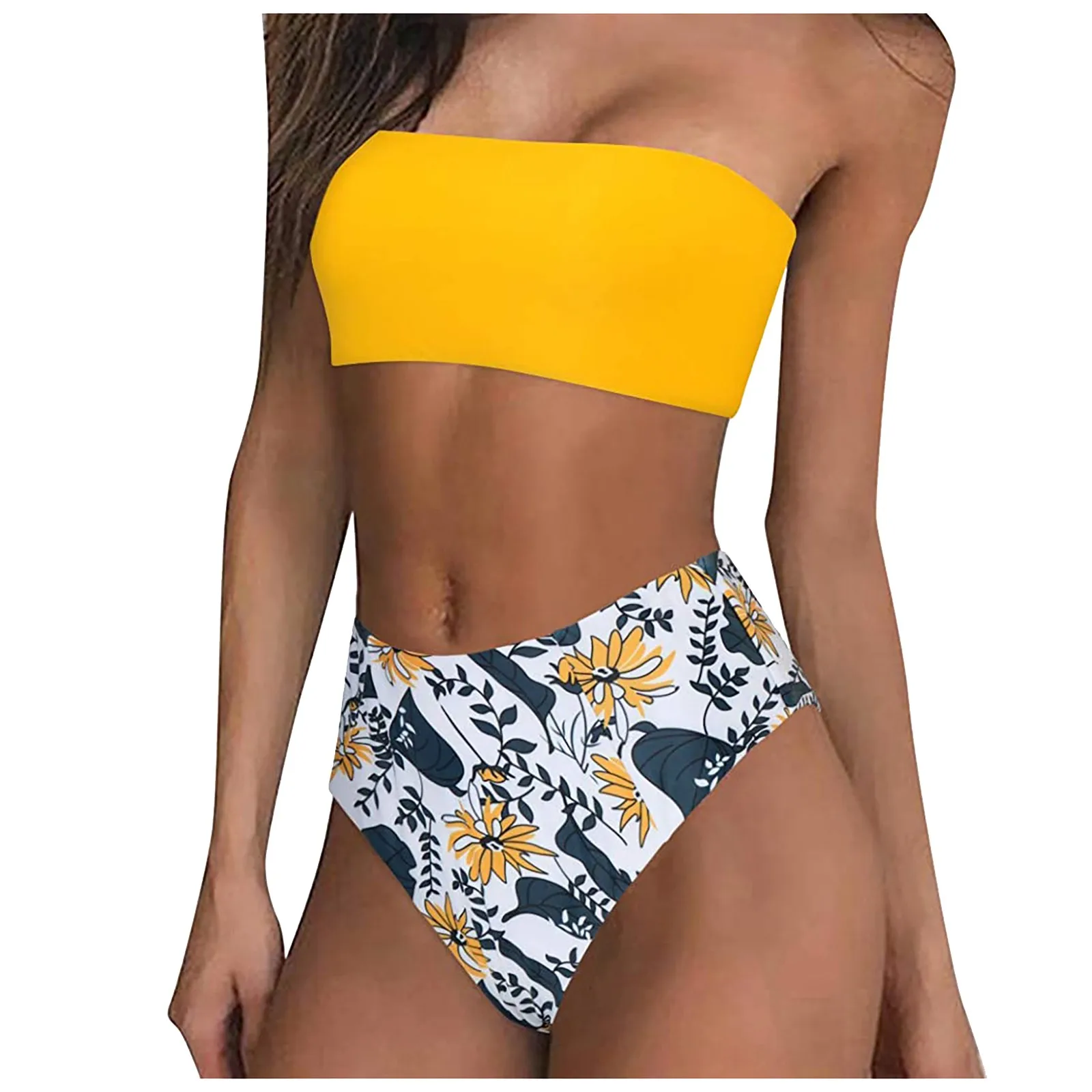 Damskie Bandeau kostium kąpielowy zestaw modne kwiatowy nadruk solidnie wyściełane Push Up 2 częściowe Bikini z wysokim stanem stroje kąpielowe