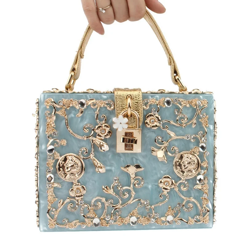 High-Grade crystal Evening Bag Female New Hollow Out Metal Carved Flower Diamond Handbag Box Fashion Chic Shoulder Crossbody Bag