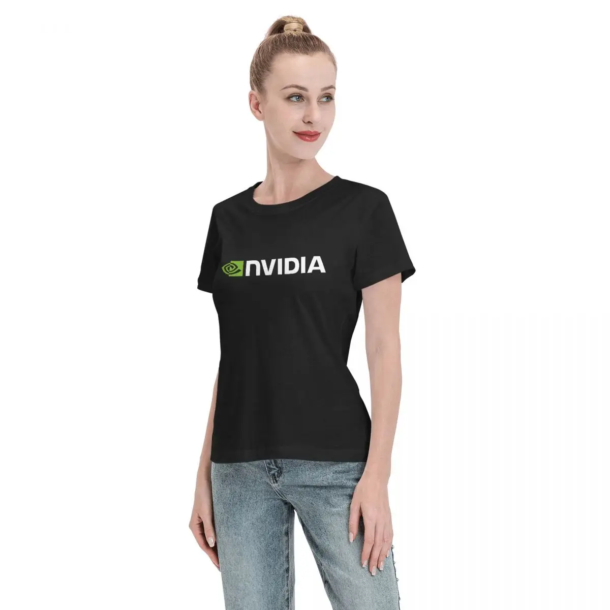 Camisetas de algodão de manga curta Nvidia para mulheres, O-Neck Tops