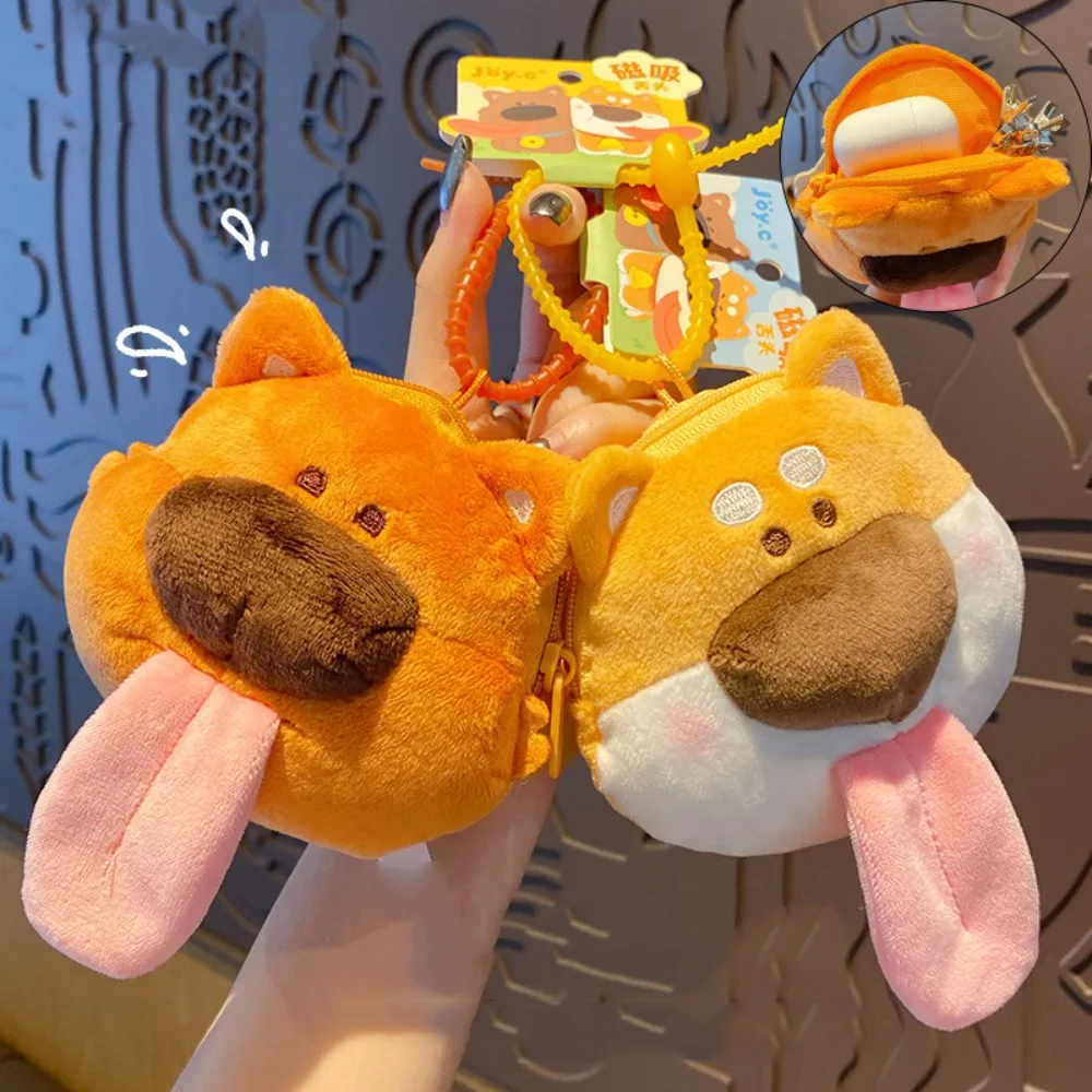 Zipper Puppy Coin Purse Wallet Animal Magnetic Tongue Puppy Plush Purse Bag Coin Pouch Protective Case Licking Dog Earphone Case