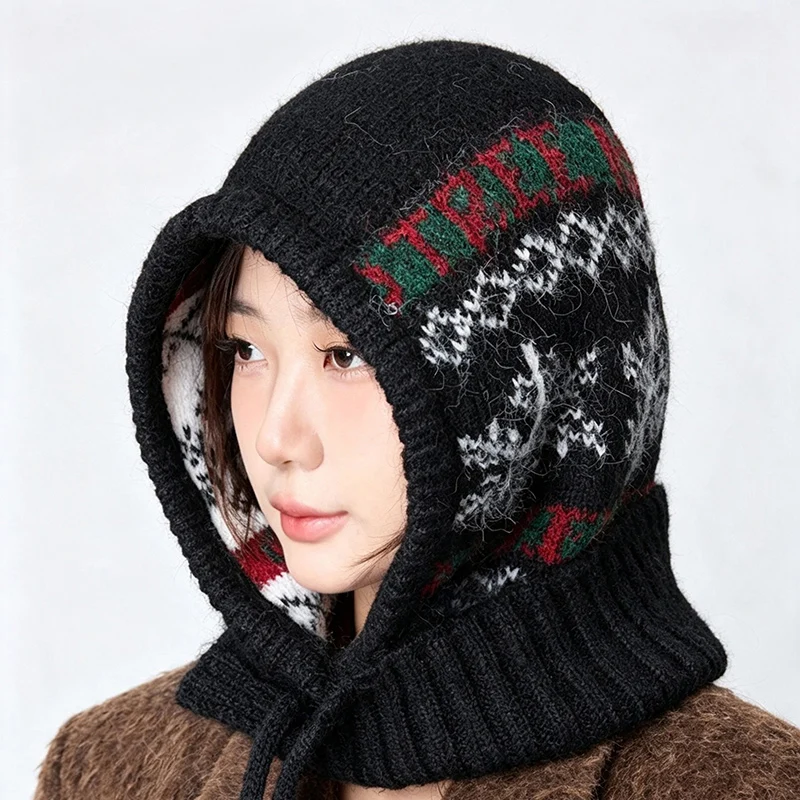Fair Isle Snowflake Jacquard Balaclava Hat Integrated Neck Warmer Winter Beanie Windproof Ear Protection Knit Cap for Women