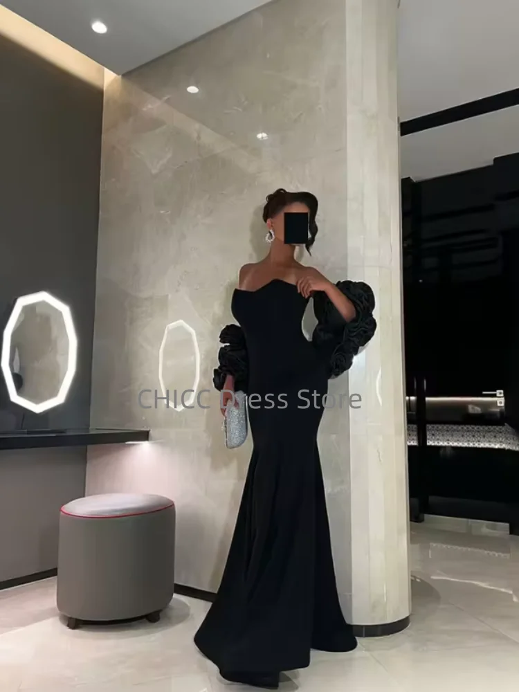 Arabic Evening Dresses Sweetheart Black Mermaid Prom Dress Flower Sleeves Women Party Gown Customized فساتين سهرة