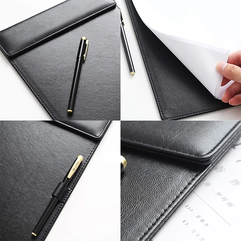 แฟ้มหนัง PU ตั้งโต๊ะสำหรับประชุม A4คลิปบอร์ดสำนักงานแฟ้มสีดำพร้อมปากกาปิดผมขาวทนทาน2ชิ้น