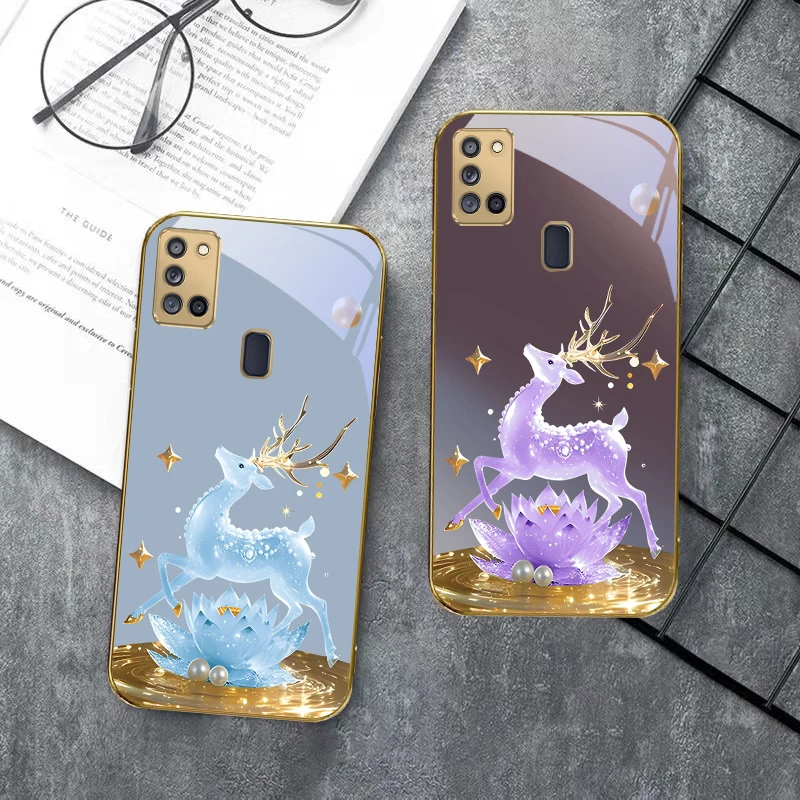 غزال ذهبي رائع لهاتف سامسونج A 31 32 A33 A34 35 14 A15 13 A16 25 A26 50 52 53 54 55 56 70 71 72 73 حافظة هاتف زجاجية ذهبية