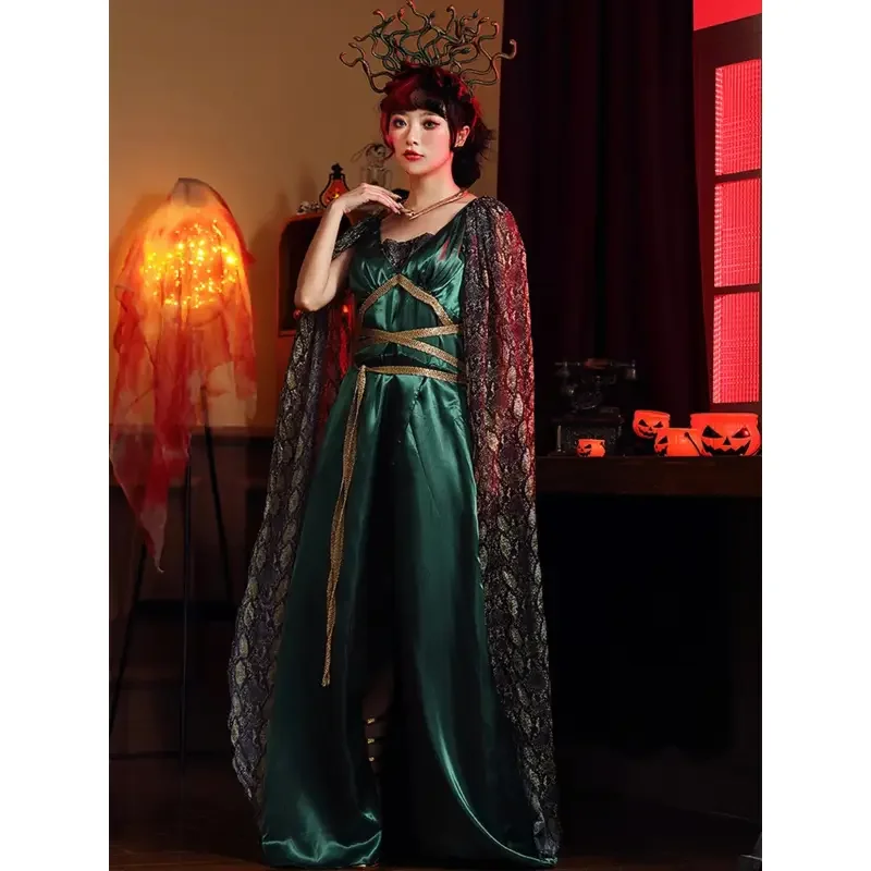 

Сексуальное женское зеленое платье с высоким разрезом, костюмы богини Медузы для косплея, греческая мифология, королева, вечеринка на Хэллоуин, сценическая думка