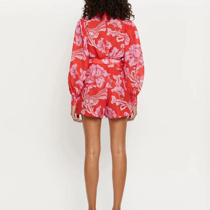 

New Lapel Button Short Playsuits Overalls Fashion Loose Women Vacation Rompers Bohemian Printed Lantern Sleeve Shorts Jumpsuits