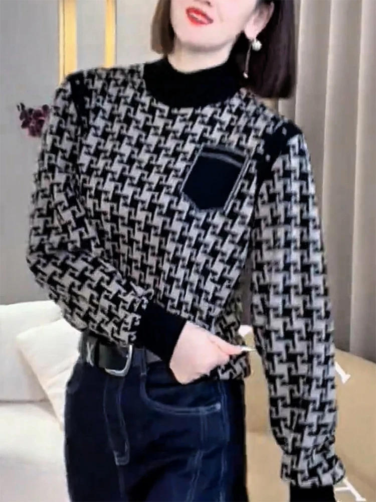 

Элегантный вязаный топ Ele Color Blo для осени и зимы, новинка, больших размеров, модный, стройнящий, в корейском стиле, длинный рукав