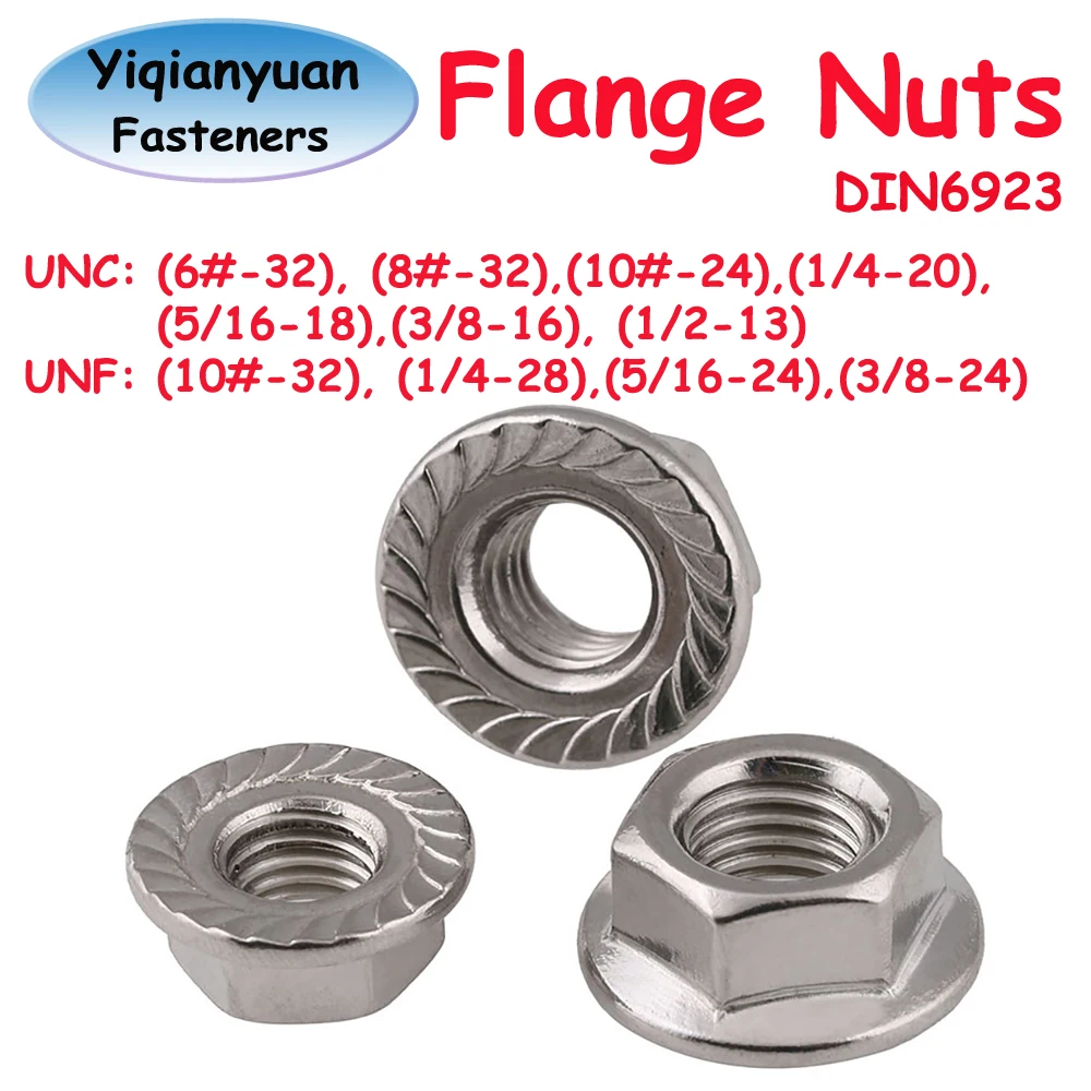 

DIN6923 UNC UNF Thread #6 #8 #10 1/4 5/16 3/8 1/2 Stainless Steel Hexagon Nuts With Flange Pinking Automatic Serrated Nut