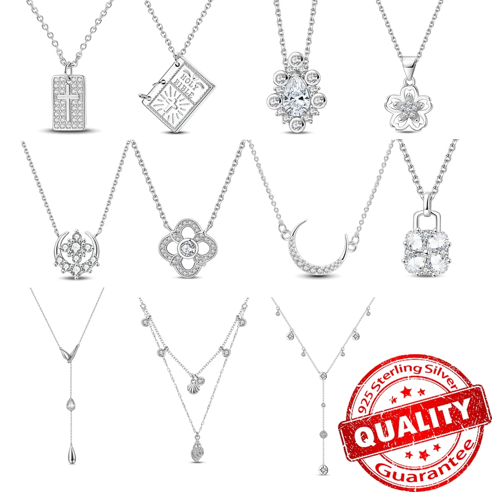 Simple and Elegant 925 Sterling Silver Seashell Teardrop Four-Leaf Clover Star Moon Bible Crystal Lock Necklace Precious Gifts