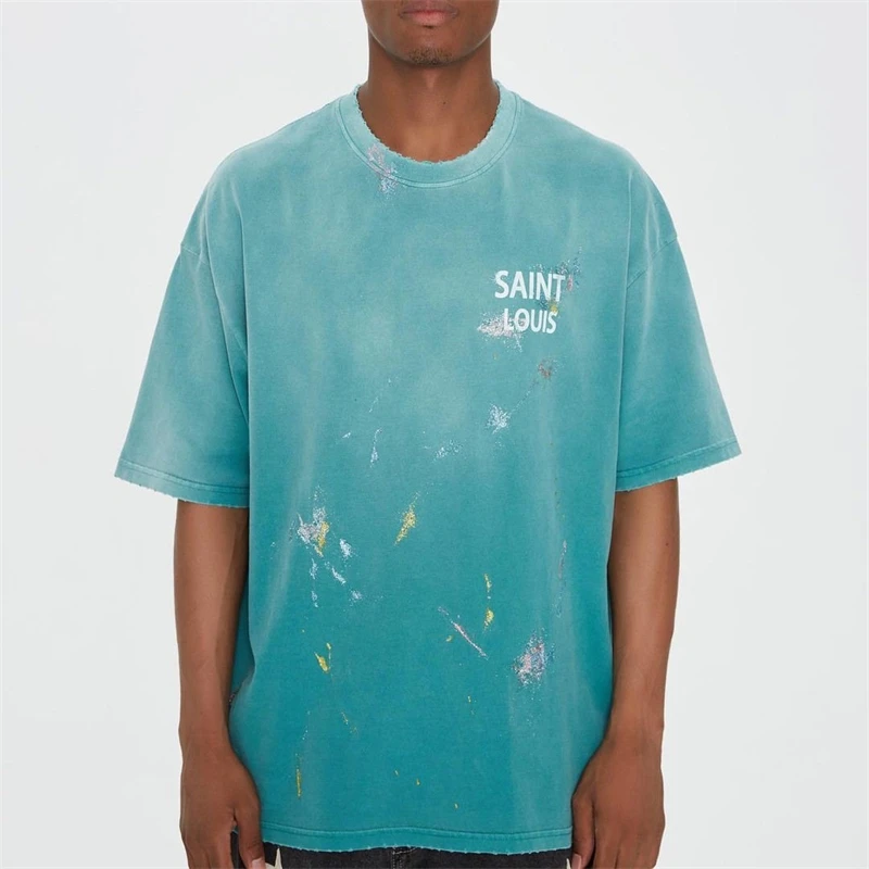 

SSSaint Louis washed gradient letter graffiti print loose short sleeved high street casual American Oversize T-shirt solid color