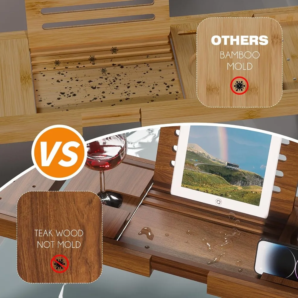 Uitbreidbaar teakhouten badkuipblad met telefoonsleuf en wijnglashouder - Luxe badaccessoire voor spa-liefhebbers en cadeaulieren