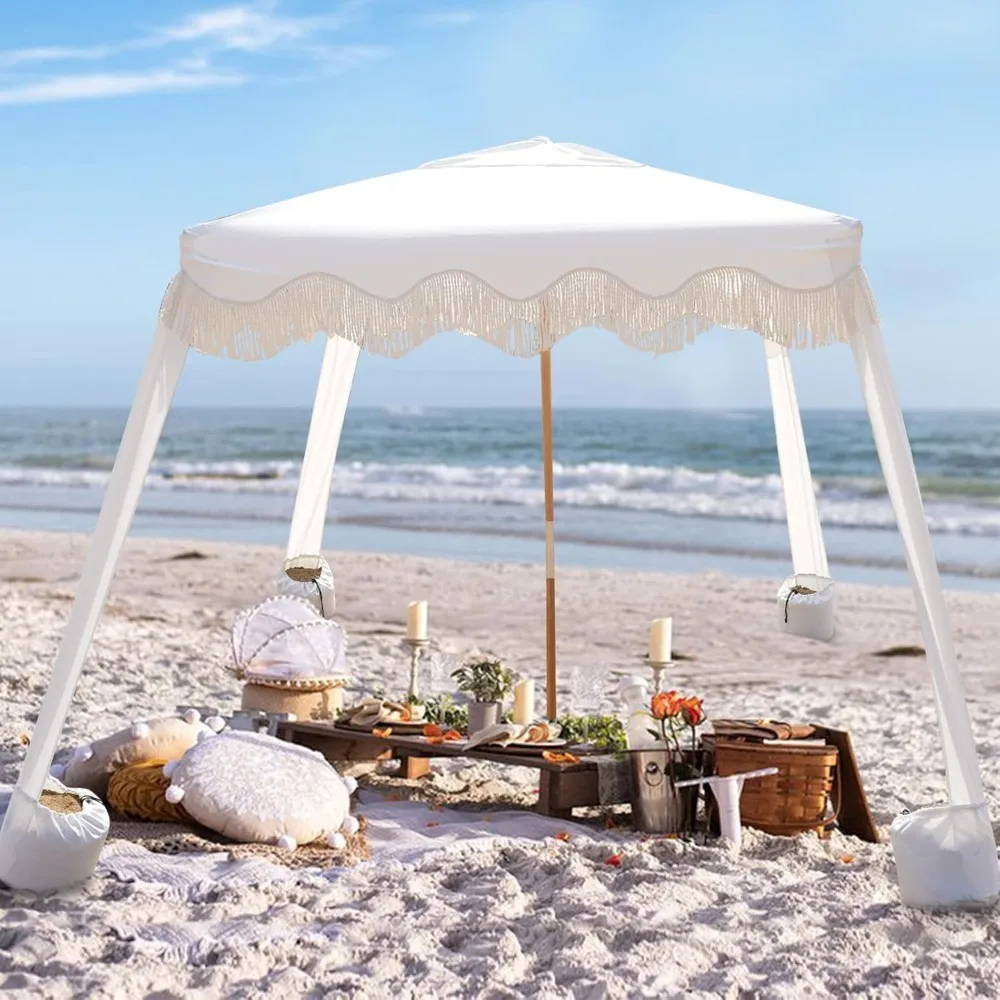 Beach Cabana with Fringe, 6'×6' Boho Beach Canopy with Tassels, Easy Set up & Premium Wood Pole, Cabana Tent with Sand Pockets