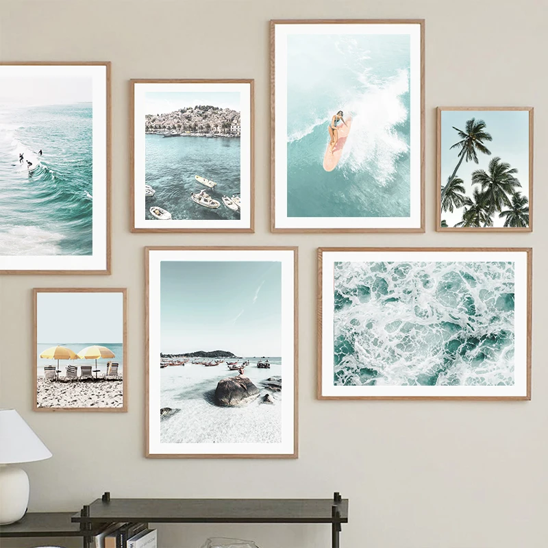 Summer Surfing Beach Coconut Tree Scenery Leisure Canvas Poster Picture Wall Art Nordic LivingRoom