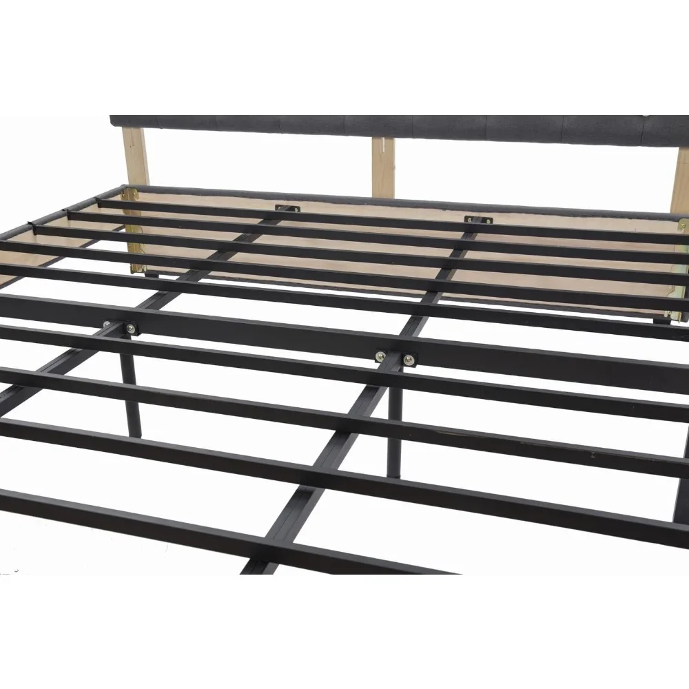 إطار سرير رمادي من قماش الكتان البانانا مع لوح رأسي كريستالي، 4 أدراج تخزين، دعم شرائح معدنية، لا حاجة إلى صندوق زنبركي (King (U)