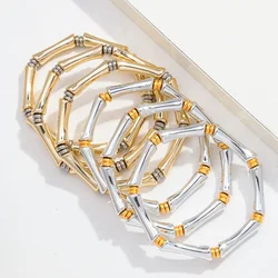 Trendy Acrylic Gold/Silver Color Thin Tube Beads Bracelets for Women Statement Resin Stretchy Spacer Elbow Bangle Jewelry Gifts