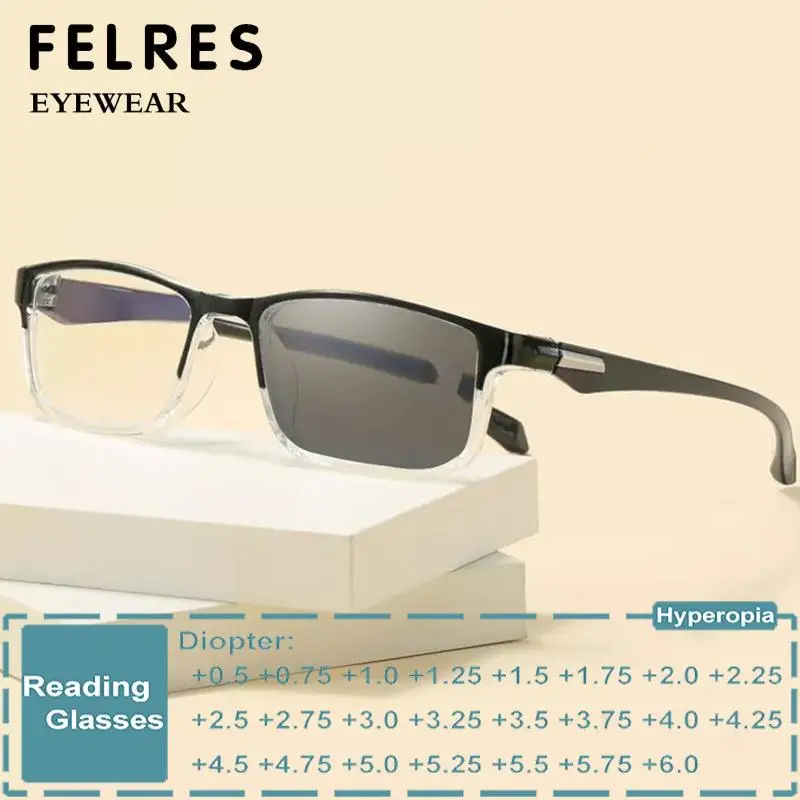 

Square Full Frame Photochromic Reading Glasses Men Women Fashion Presbyopia Glasses Readers Color Changing Sunglasses