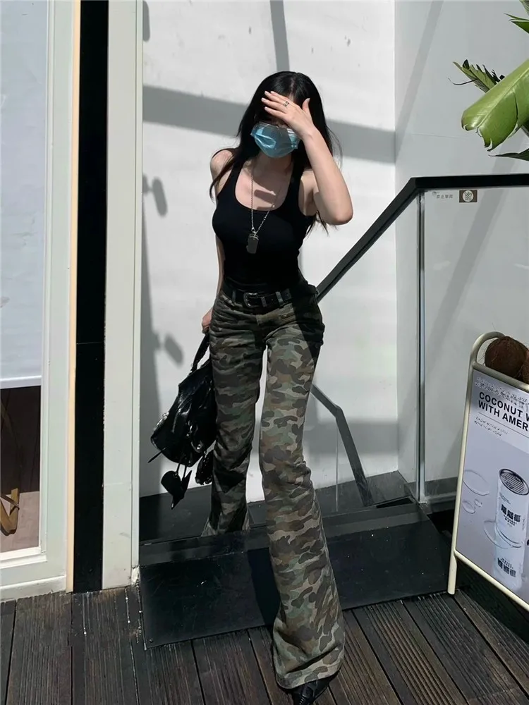 

Extended Length American High Street Camouflage Flared Jeans Women's High Waist Slimming Military Green Floor-Length Ho...