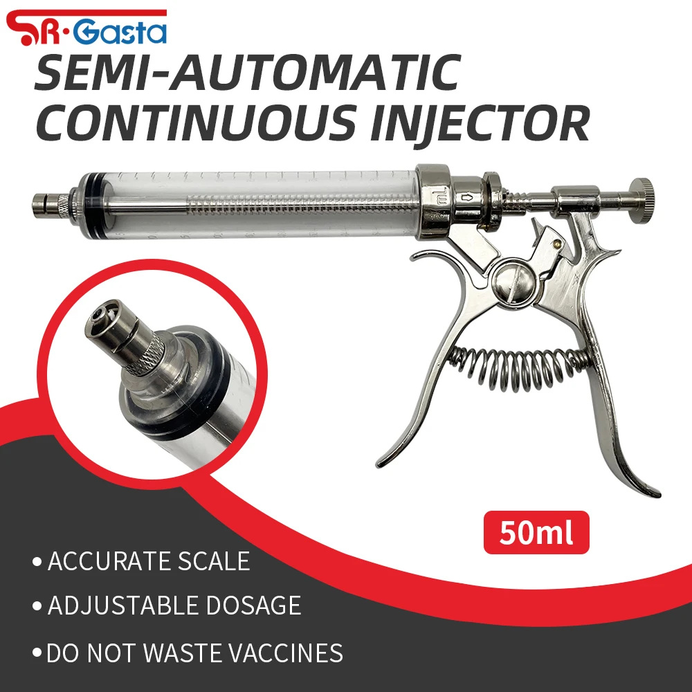

50 мл ветеринарный шприц для непрерывной вакцины с животными, ручка из нержавеющей стали, автоматический пистолет для вакцинации для коровы, свиней, овец