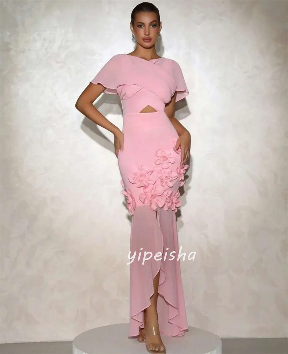 Customized Modern Style Classic Chiffon Handmade Flower Pleat Column Scoop Neck Ankle Length Dresses Bespoke Occasion Dresses