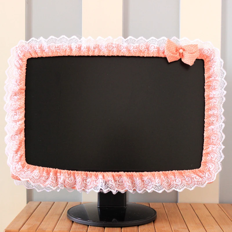 Lace Fabric Computer Frame Cover, Monitor Screen Dust Cover, Elastic Pen Pocket Bow