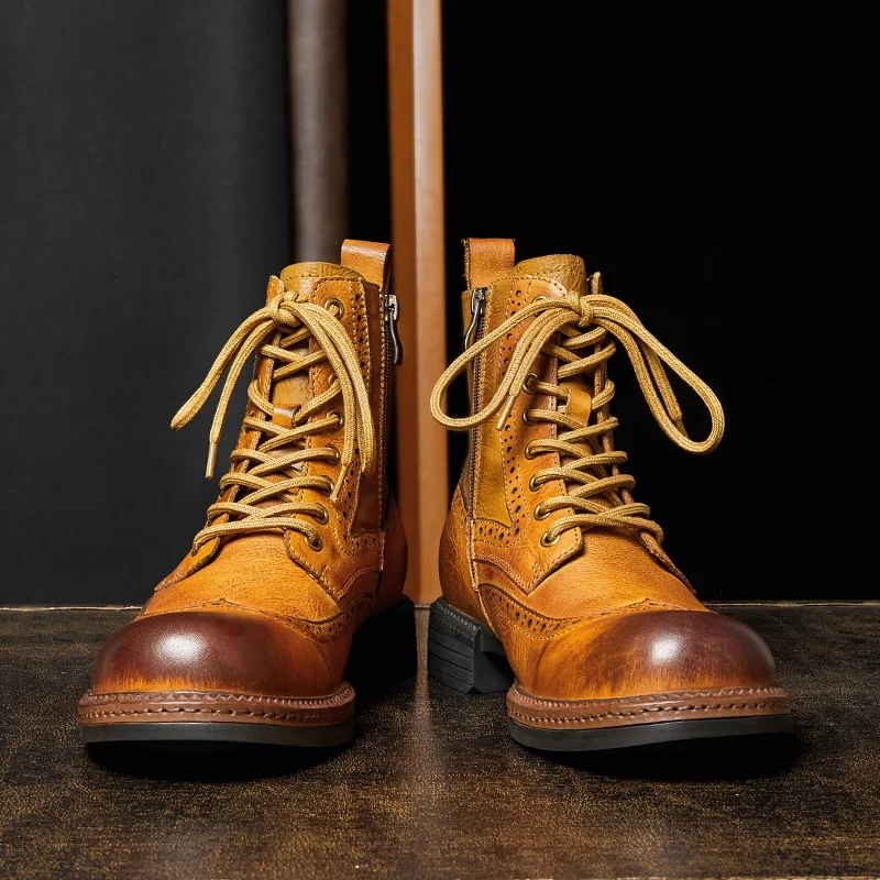 Soft Genuine Leather Carving Ankle Short Boots Men\'s Spring Autumn Lace Up Brogue Shoes Cool Man
