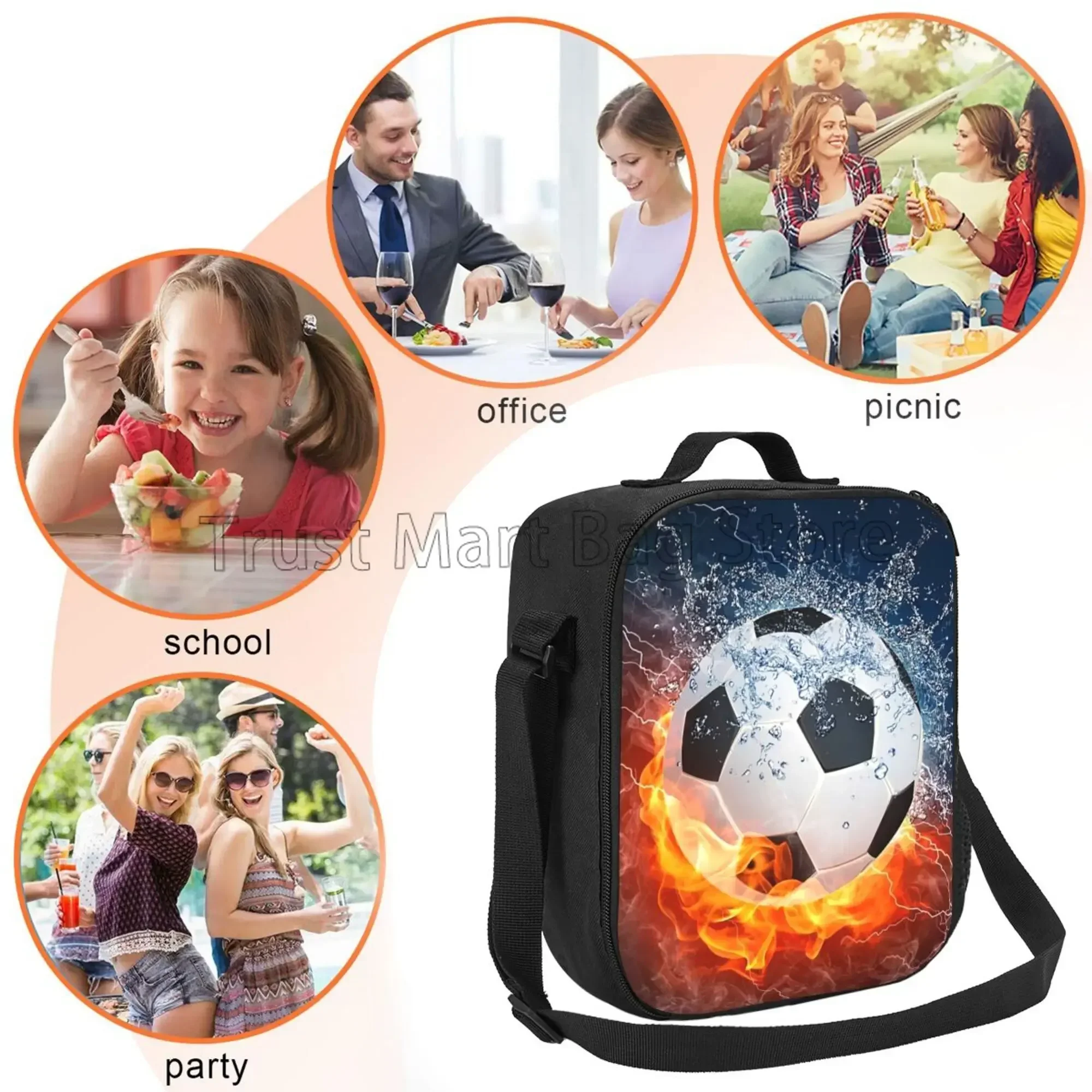 Soccer Ball Insulated Lunch Bag for Women Men Football Reusable Lunch Box for Office Work School Picnic Beach Cooler Tote Bags