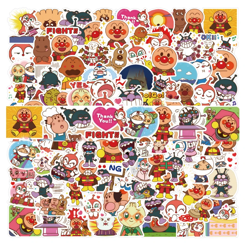 Anpanman Cartoon Anime Adesivos, decalques impermeáveis, Brinquedos DIY, mala, skate, laptop, telefone, carro, bonito, 10 pcs, 30 pcs, 50 pcs, 120pcs