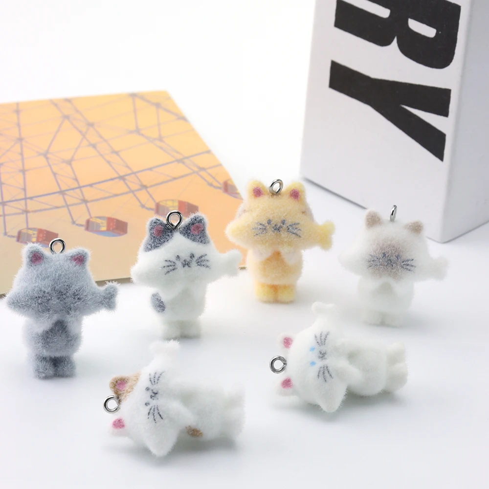 20pcs 3D Resin Flocking Cat Eating Fish Charms Cute Animal Pendant for Necklace Earring Keychain Making DIY Jewelry Accessories