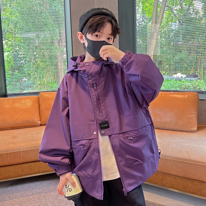 

Kids Hooded Jackets Boys Purple Black Loose Windbreaker Jackets Children Korean Stylish Casual Zipper Coats Teenagers Outerwear