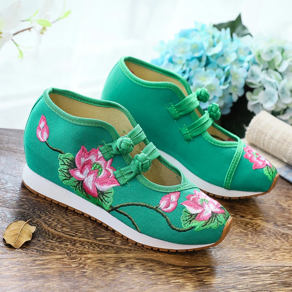 Veowalk No Tongue Design Women Canvas Embroidered Hidden Platforms Shoes Comfortable Ladies Thick Bottom Fabric Sneakers