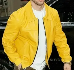 New Men's Yellow Leather Stylish Slim Fit Bomber Biker Jacket 313