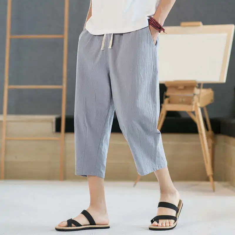 

Linen Cotton Blend Men's orts Seven-Five Pants Summer Thin Straight Leg Loose Fit Casual Sports Pants mid Waist Belt