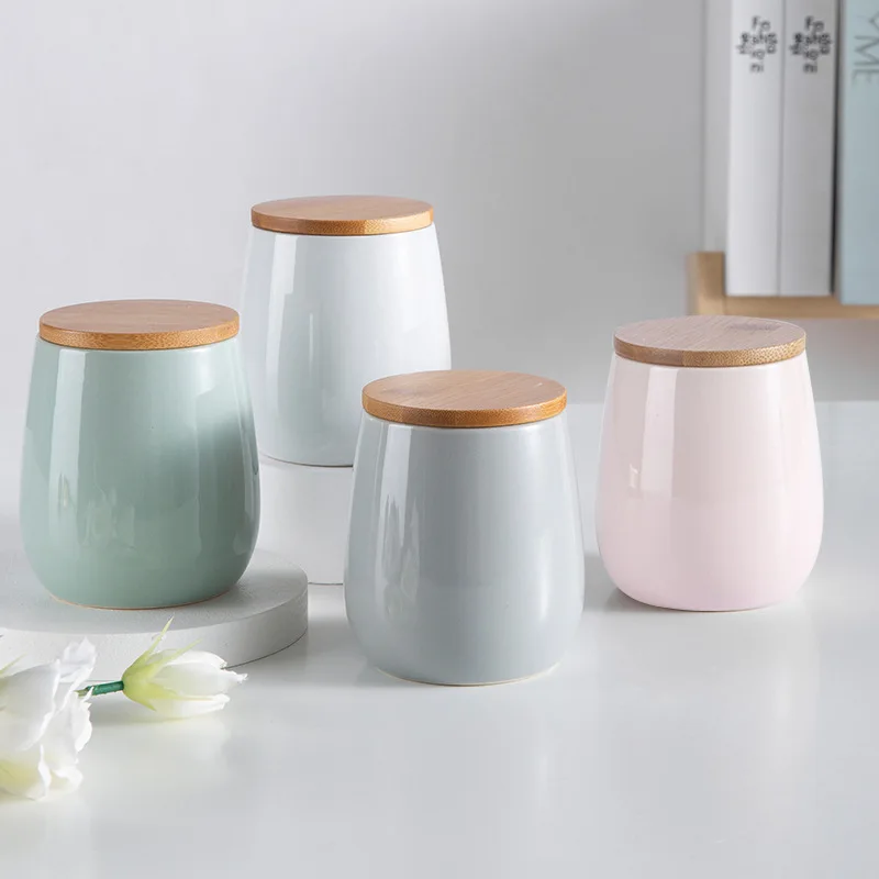 Modern minimalist ceramic wooden lid sealed jar kitchen storage supplies storage jar miscellaneous grains coffee tea food jar