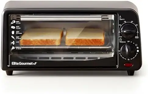 Horno Tostador Elite Gourmet de 2 Rebanadas con Temporizador y Temperatura Ajustable – Compacto para Hornear, Asar y Tostar en Encimera – Negro