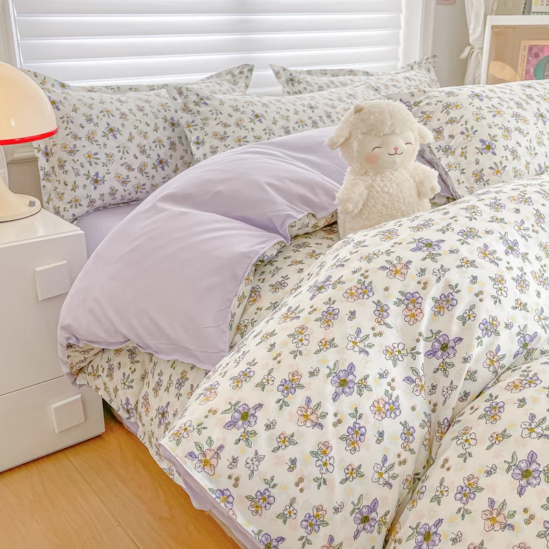 

Purple Flowers Duvet Cover Bohemian Floral Comforter Covers with Zipper Ties Botanical Bedding Sets for All Season Kids Girls
