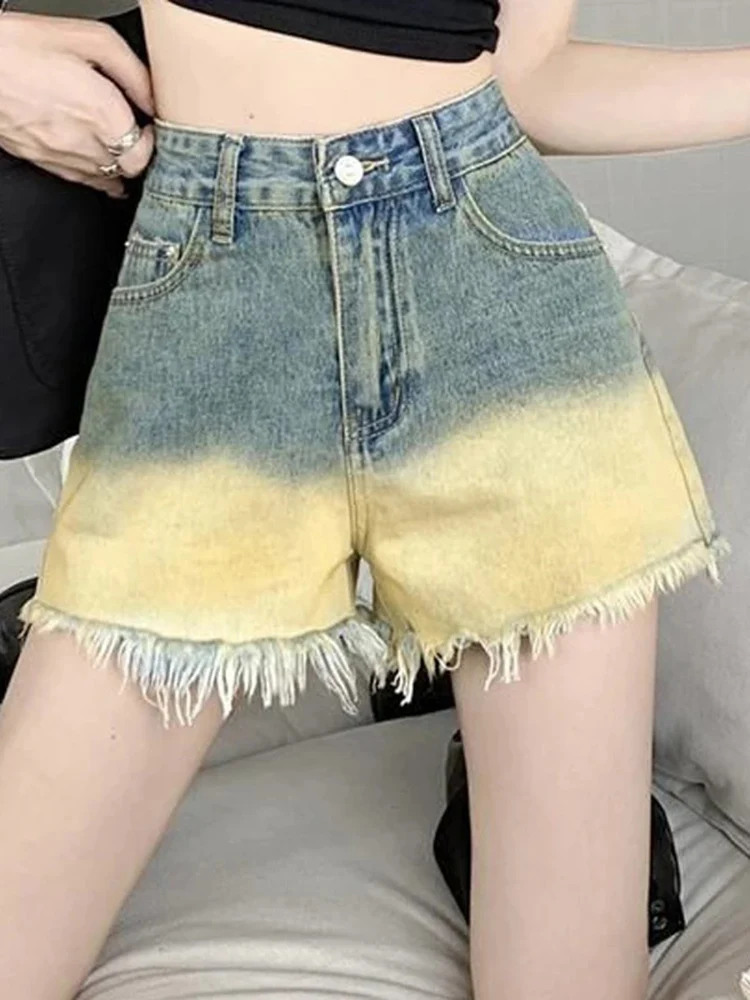 

New Summer Women's Korean Fashion Vintage Gradient High Waist Denim Short Pants Female Casual Streetwear Y2K Sexy Jeans Shorts