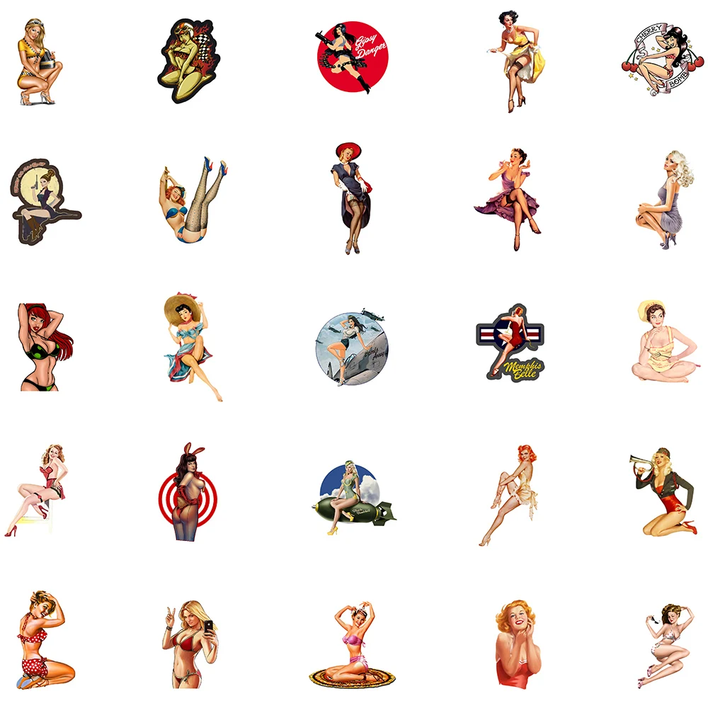 50pcs Adult Retro Sexy Pin up Girl Stickers DIY Waterproof Laptop Luggage Guitar Skateboard Scrapbooking Graffiti Decals