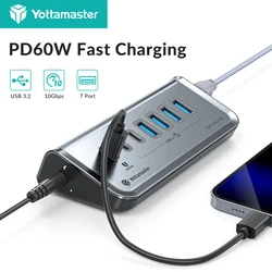 Yottamaster USB HUB 60W Fast Charging USB 3.2 Dock Station 10Gbps High Speed 7 Port USB A Type C HUB Adapter for Macbook Laptop