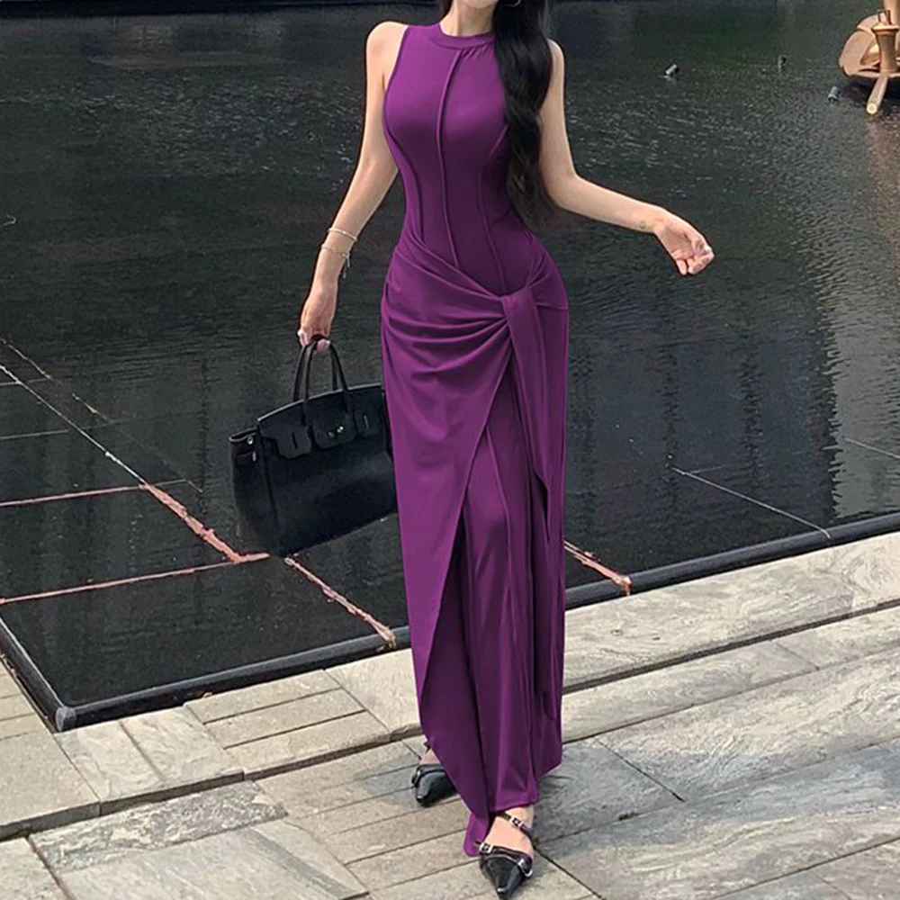 

2025 summer new design temperament high-end gray modal vest dress fake two-piece hip-wrapped Spice Girl long dress