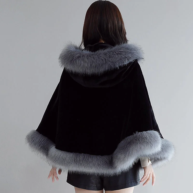 Faux Fur Coat Fur Collar Casacos com capuz para as Mulheres Cabo 2023 Poncho de Inverno Harajuku Patchwork Solto Xale Fausse Fourrure Cloak