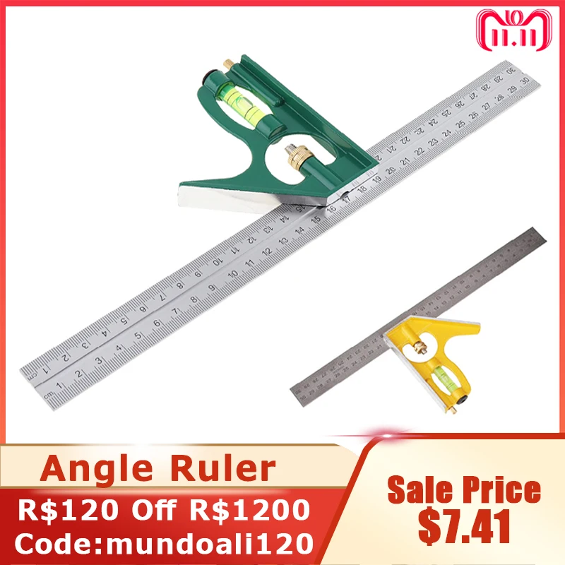 12 inch 300mm Adjustable Combination Square Angle Ruler 45 / 90 Degree with Bubble Level Multi-functional Measuring Tools