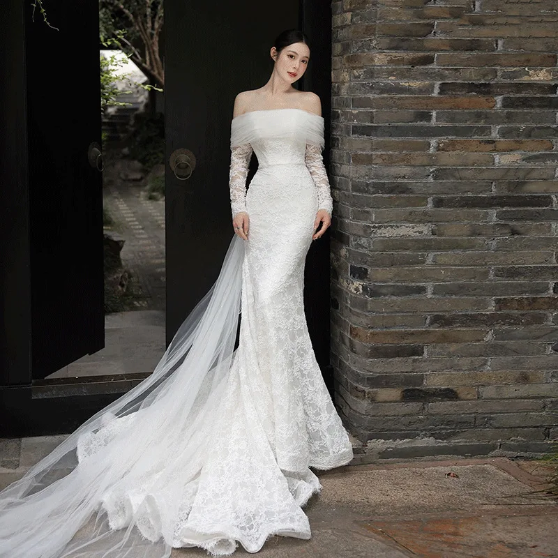 Gaun Pengantin Mermaid Putih Tanpa Bahu Lengan Panjang Berbahan Renda untuk Wanita, Gaun Pengantin Model Court Train yang Dapat Disesuaikan, Vestidos De Novia