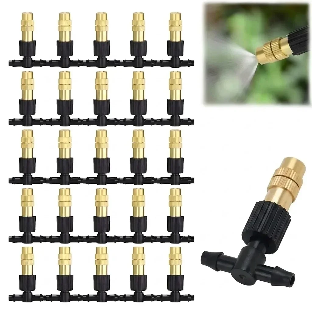 10-100PCS 4/7mm Hose Misting Watering Sprinkler Adjustable Brass Spray Nozzles with 1/4 Inch Tee Joint Garden Greenhouse Lawn