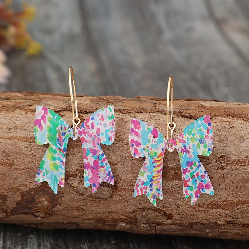 خمر البوهيمي الذهب اللون الملونة ربطة القوس فيونكة الاكريليك استرخى أقراط للنساء الملحقات #5