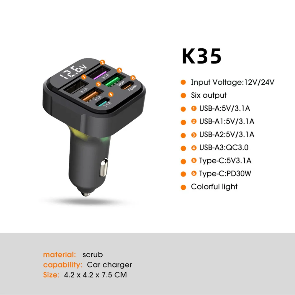 Cargador de coche de 6 puertos de carga rápida PD 30W QC3.0 USB C cargador de teléfono de coche Universal adaptador tipo C en coche para iPhone Samsung Huawei