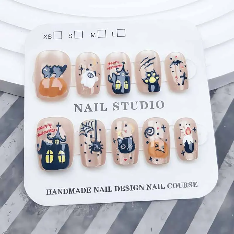 10枚入り ハロウィン キャットアイ パンプキン キュート ゴースト キャットアイ 手描き風 漫画風 雰囲気感 プレスオンネイル ネイルパッチ つけ爪