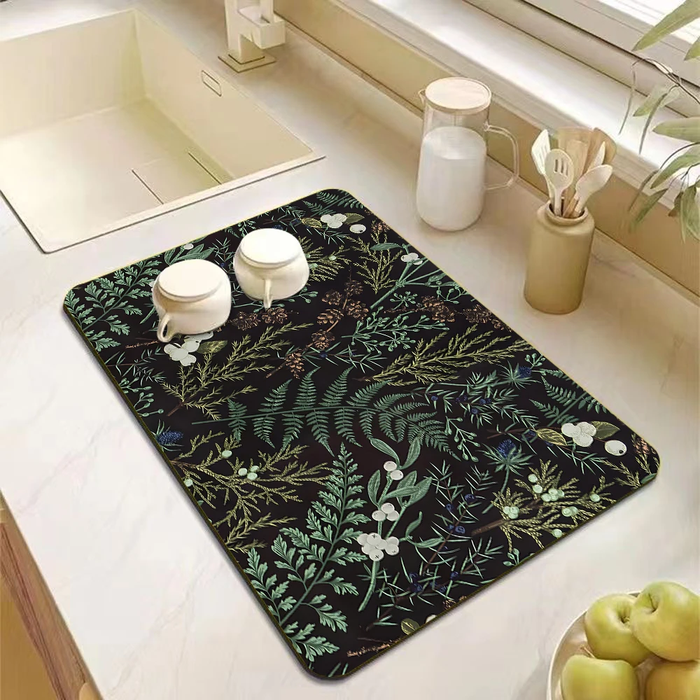 Watercolor Flower Pattern Absorbent Dish Drying Mat, Non-sli