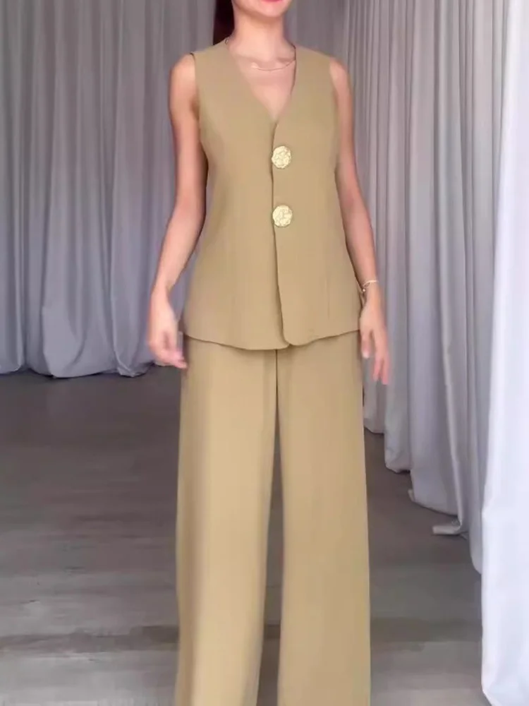 Office V Neck Sleeveless Vest Pants Suits, Women Spring Summer Buttons Elegant Outfit, 2025 Vintage Wide Leg Pants Ladies Sets