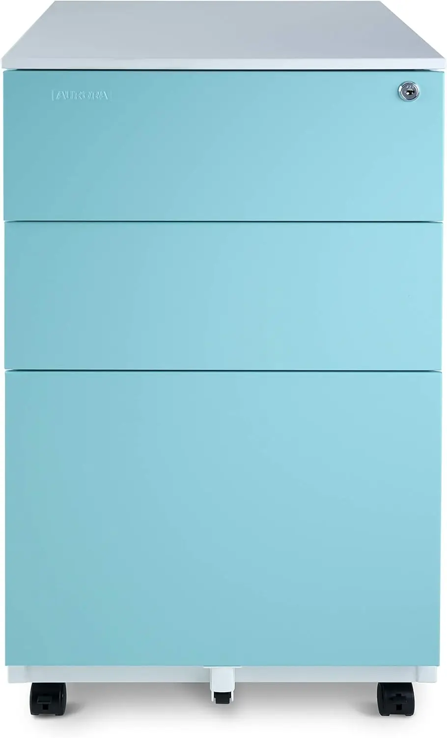 

Aurora Mobile File Cabinet 3-Drawer Metal with Lock Key Sliding Drawer, White/Aqua Blue